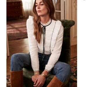 Sezane "Valentine" White Ruffled Button Down Long Sleeve Shirt. Black Trim. 6US
